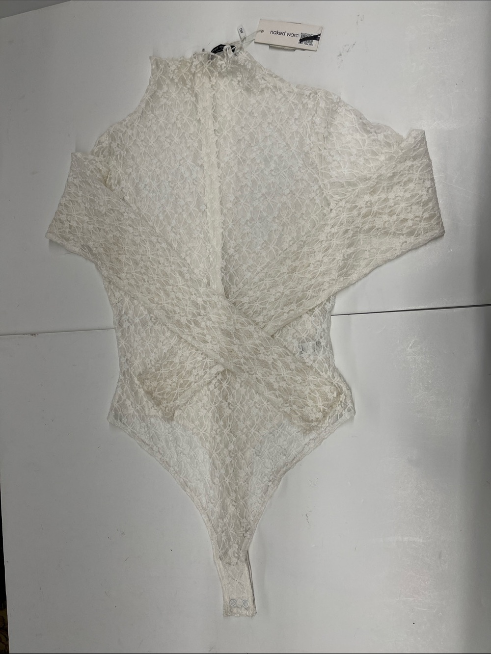 NEW Naked Wardrobe Women’s White Lace Long-Sleeve Sheer Bodysuit Size Large